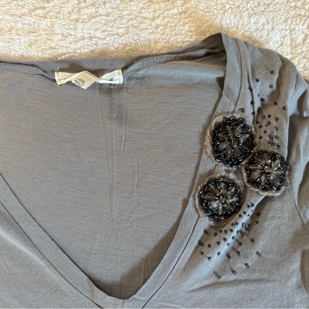 J. Crew Gray V-Neck Top with Beaded Floral Embellishments